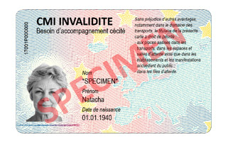 Spécimen CMI invalidité au verso : photo, nom, prénom, date de naissance du détenteur