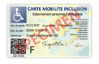 Spécimen CMI stationnement pour personnes handicapées au recto : date de validité, signature du détenteur