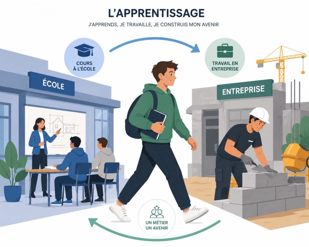 (infographie) L'apprentissage : j'apprends, je travaille, je construis mon avenir. L'apprentissage alterne entre cours à l'école et travail en entreprise.